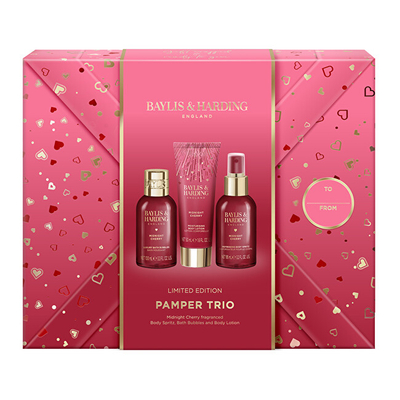 Set Baylis & Harding Midnight Cherry, flluska për banjo, 100 ml + sprej trupi, 100 ml + krem trupi, 50 ml