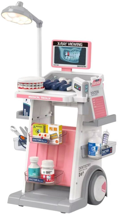 Set lodrash doktori Dentist Medical Cart, 26 pjesë, me drita, rozë