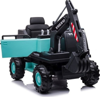 Eskavator elektrik për kalamaj Volvo, me goma të mëdhaja, me krah gërmimi që punon, i zi me jeshile