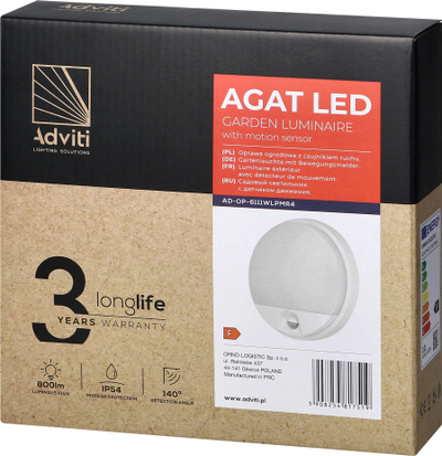 Llambë muri kopshti ADVITI Agat AD-OP-6111WLPMR4, 10W LED, sensor lëvizjeje, e bardhë