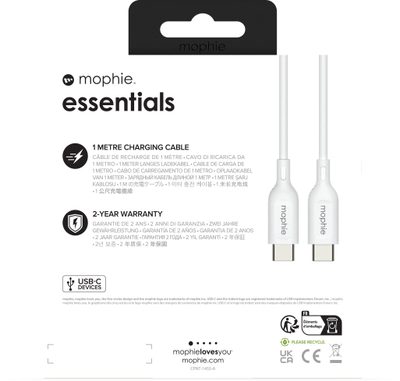 Кабел полнач Mophie Essentials, USB-C, 1m, 60W, бел