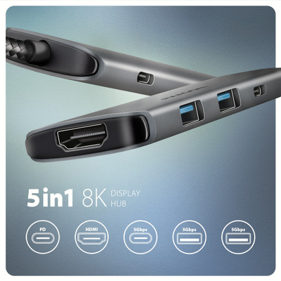 USB hub Axagon HMC-5H8K, 2x USB A, 1x USB C, HDMI 8K, PD 100W, gri