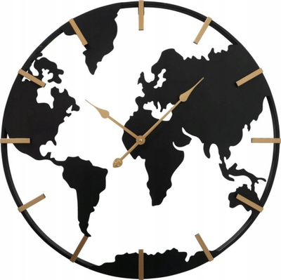 Ѕиден саат Metal World Map, 74 cm, метал, црн