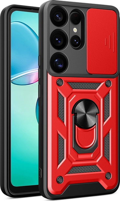 Futrollë mbrojtëse Hybrid Armor Camshield për Samsung Galaxy S25 Ultra, unazë metalike, kapak kamere, e kuqe