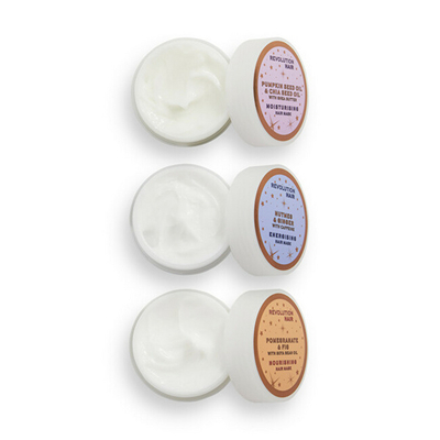Set për flokë Revolution Haircare - Maskë flokësh me aromë erëze kungulli 50 ml + Maskë flokësh me aromë arrëmyshk 50 ml + Maskë flokësh me aromë fiku 50 ml