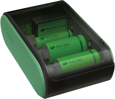 Karikues universal baterish GP Recyko B631, Auto Power Off, për AAA AA C D 9V, i zi jeshil