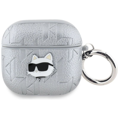 Mbulesë kufjesh Karl Lagerfeld Monogram Choupette Head për AirPods 4, me karabinë, ngjyrë argjendtë
