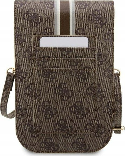 Çantë telefoni Guess 4G Neck Case Phone Bag, lëkurë Saffiano, me rrip rreth qafe, bezhë me ari