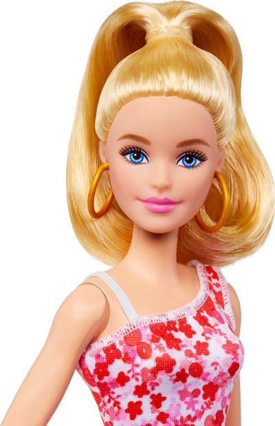 Kukull Barbie Mattel Fashionistas FBR37 HJT02, me protezë në këmbë, fustan me lule, rozë kuqe