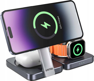 Karikues 3‑në‑1 UNITEK P1300AGY01, MagSafe Qi2, karikim i shpejtë, gri