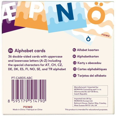 Karta alfabeti Primo Alphabet, 36 karta, dyanshme, shumëngjyrëshe