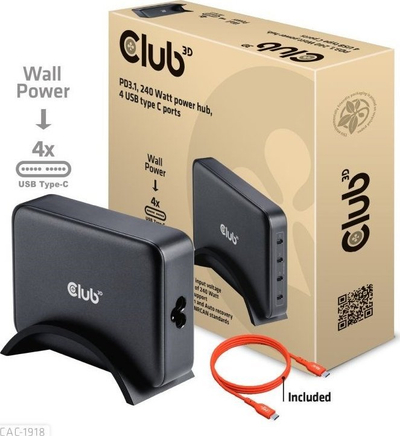 Karikues udhëtimi Club 3D GaN, 240W, me 4 porta USB C PD 3.1 PPS, i bardhë