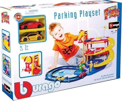 Set lojrash BBurago Street Fire Parking Playset, garazh me 2 makina, shumëngjyrësh