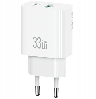 Полнач за мрежа Usams CC317 T65, 33W GaN, 1xUSB C 1xUSB A, бел