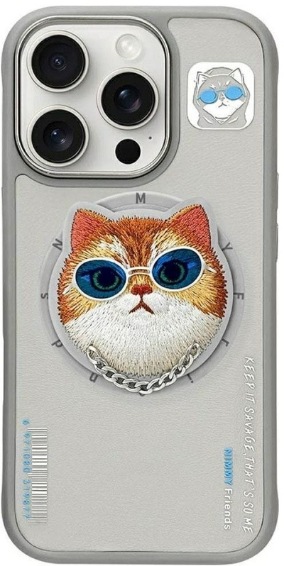 Kapak telefoni Nimmy Cool Cat MagSafe për iPhone 16 Pro, unazë stand, gri