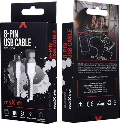 Kabllo USB Lightning Maxlife MXUC-04, 1m, 3A, e bardhë