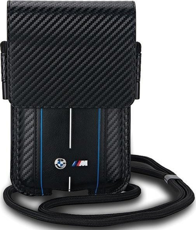 Çantë universale telefoni BMW M Series Carbon & Blue Stripes, najlon dhe lëkurë ekologjike, e zezë me vija blu