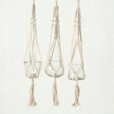 Vazo qelqi varëse Boltze Home, me macrame pambuku, 83 x 12 cm, bezhë