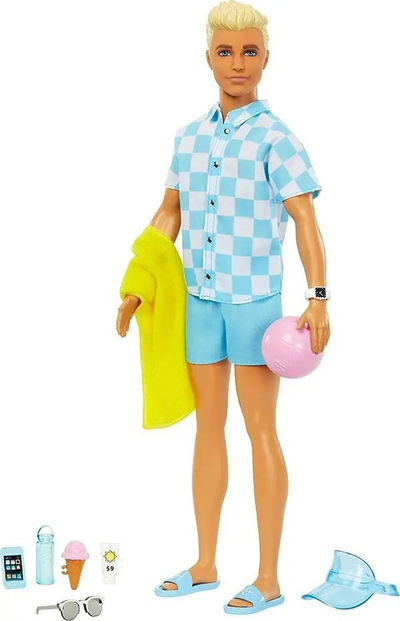 Kukull Barbie Ken Beach, flokë biond, me aksesorë plazhi, blu