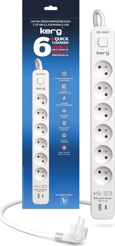 Множинска приклучница Triton KERG, 6 излези, USB A и USB C, 16A, 3 m, бела