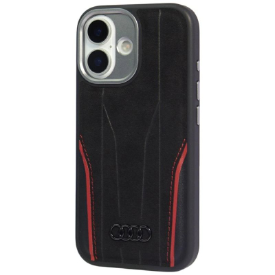 Kapak telefoni Audi R8 Genuine Leather MagSafe, për iPhone 17, lëkurë natyrale, zi me të kuqe