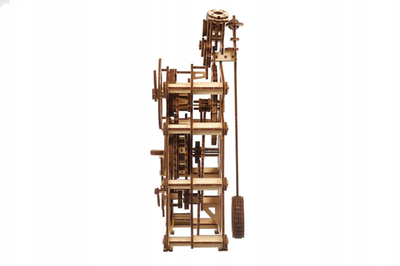 Puzzle druri Ugears Engine Clock, model 3D mekanik, orë tavoline me pendul, ngjyrë druri natyrale