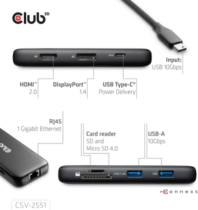 Докинг станица Club3D 8-in-1 USB Type-C, HDMI DP 8K, Power Delivery 100W, сива