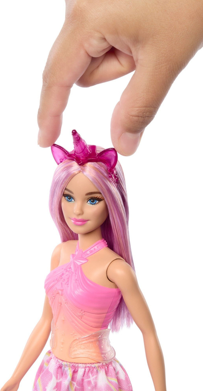 Kukull Barbie Unicorn Mattel, me flokë rozë ombre, me gjonxhe unicorn, shumëngjyrëshe