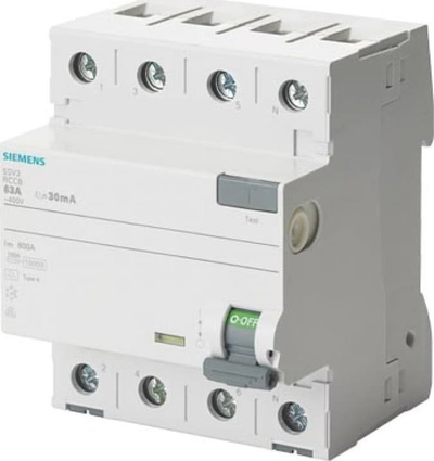 Диференцијален прекинувач Сименс 5SV33443 RCCB, 4 поли, 40A 30mA, 400V, бел