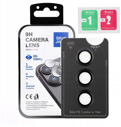 Xham mbrojtës kamere Blue Star Easy Install për Samsung S24 FE, xham i temperuar 9H, transparencë e lartë, i zi