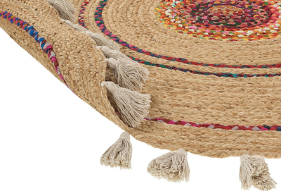 Qilim rrumbullak jute pa markë, 140 cm, boho me thupra dekorative, bezhë shumëngjyrësh