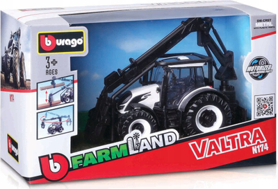 Lodër traktor Bburago Valtra M2 Q, ngarkues frontal dhe ngarkues druri, 3 trungje 10 cm, shumëngjyrëshe