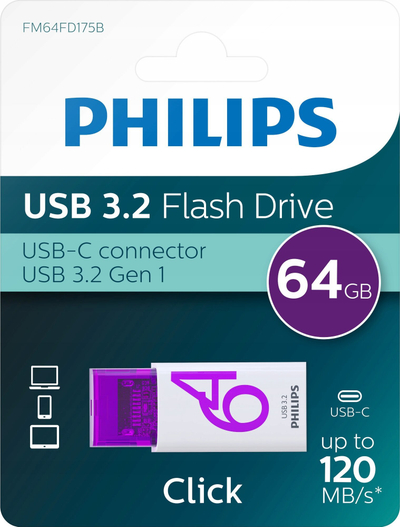USB Philips Click, 64GB, USB 3.2, USB C, gri