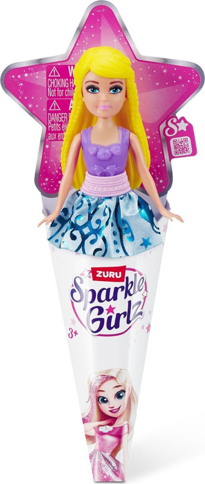 Kukull ZURU Sparkle Girlz Mini Pop, në paketim si kornet akulloreje, me flokë dhe fustan shumëngjyrësh