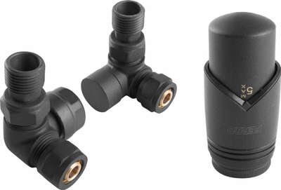 Set termostatik për radiator Ferro Axial, 1/2", për tub bakri 15 mm dhe pex 16x2, i zi