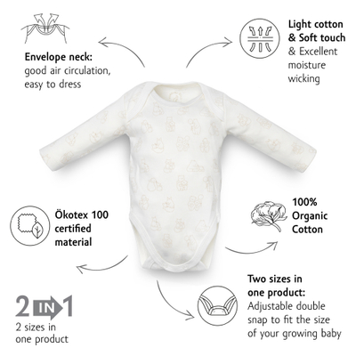 Body për bebe Kenguru Gold, 100% pambuk organik, mëngë të gjata, e bardhë me print