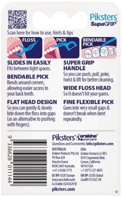 Përkthyes fijesh dentare Piksters SupaGRIP Smooth Floss, 2 në 1, 40 copë, blu