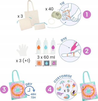 Set kreativ Djeco Do It Yourself Batik Tie-Dye, 3 aksesorë prej cope, për kalamaj 8+ vjeç, shumëngjyrësh