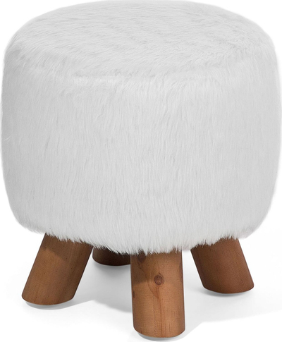 Tabure Faux Fur IOWA, gëzof artificial, këmbë druri, i bardhë