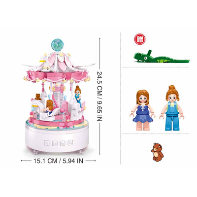Set ndërtimi Sluban Music Box Carousel M38-B1171, 566 pjesë, me muzikë dhe drita, rozë
