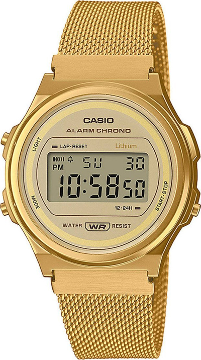 Orë digjitale Casio A171WEMG-9AEF, kronograf, rezistente ndaj ujit, ngjyrë ari