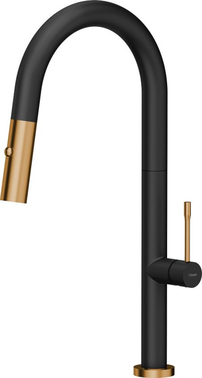 Rubinet kuzhine i zi Black Faucet Tap With Copper Additions, gryke tërheqëse 360°, i zi me bakër