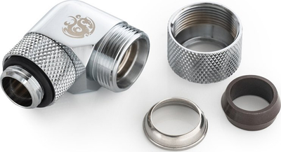 Adaptues uji Bitspower Advanced, 90°, G1/4 në hardtube 12mm, i argjendtë