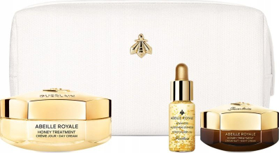 Set për kujdes fytyre GUERLAIN Abeille Royale, krem dite e nate, serum me vaj, me një necesser të bardhë