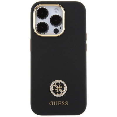 Kapak telefoni Guess Liquid Silicone, për iPhone 15 Pro, me logo metalike, i zi