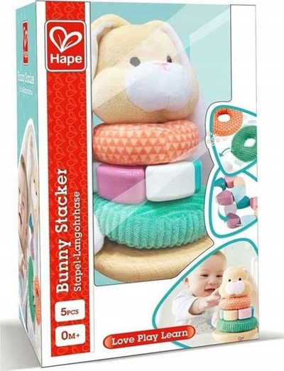 Lodër druri Hape Bunny me unaza shumëngjyrëshe, për bebe, për të mësu e për tu marrë me to