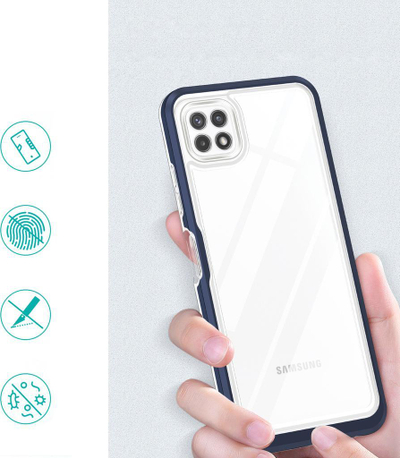 Kllëf telefoni Samsung Galaxy A22 5G, Hybrid Armor 3n1, transparent, me kornizë blu