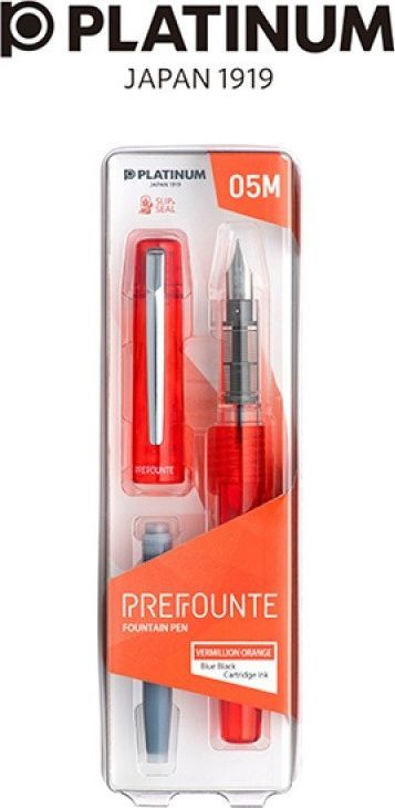 Stilolaps me pendë Platinum Prefounte Medium, majë çeliku, trup transparent, portokalli vermilion