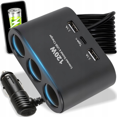 Ndarës çakmaku për makinë 120W, 3 priza, 2x USB Type C, i zi