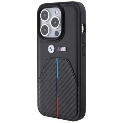 Këllëf telefoni BMW Stamped Tricolour Stripe për iPhone 15 Pro 6.1", karbon, i zi